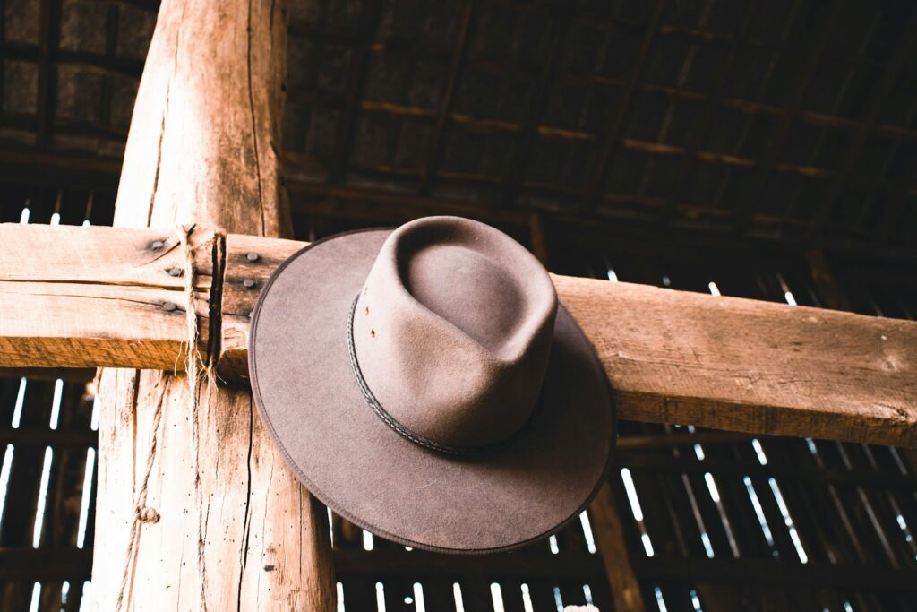 a brown hat is hanging on a wooden pole