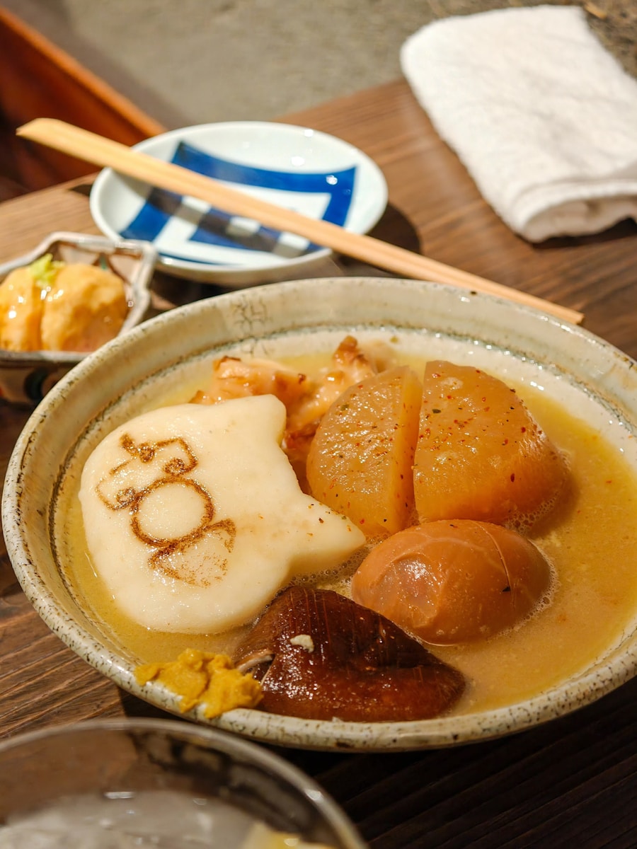 Oden stew with daikon, fish cake, and shiitake mushroom.